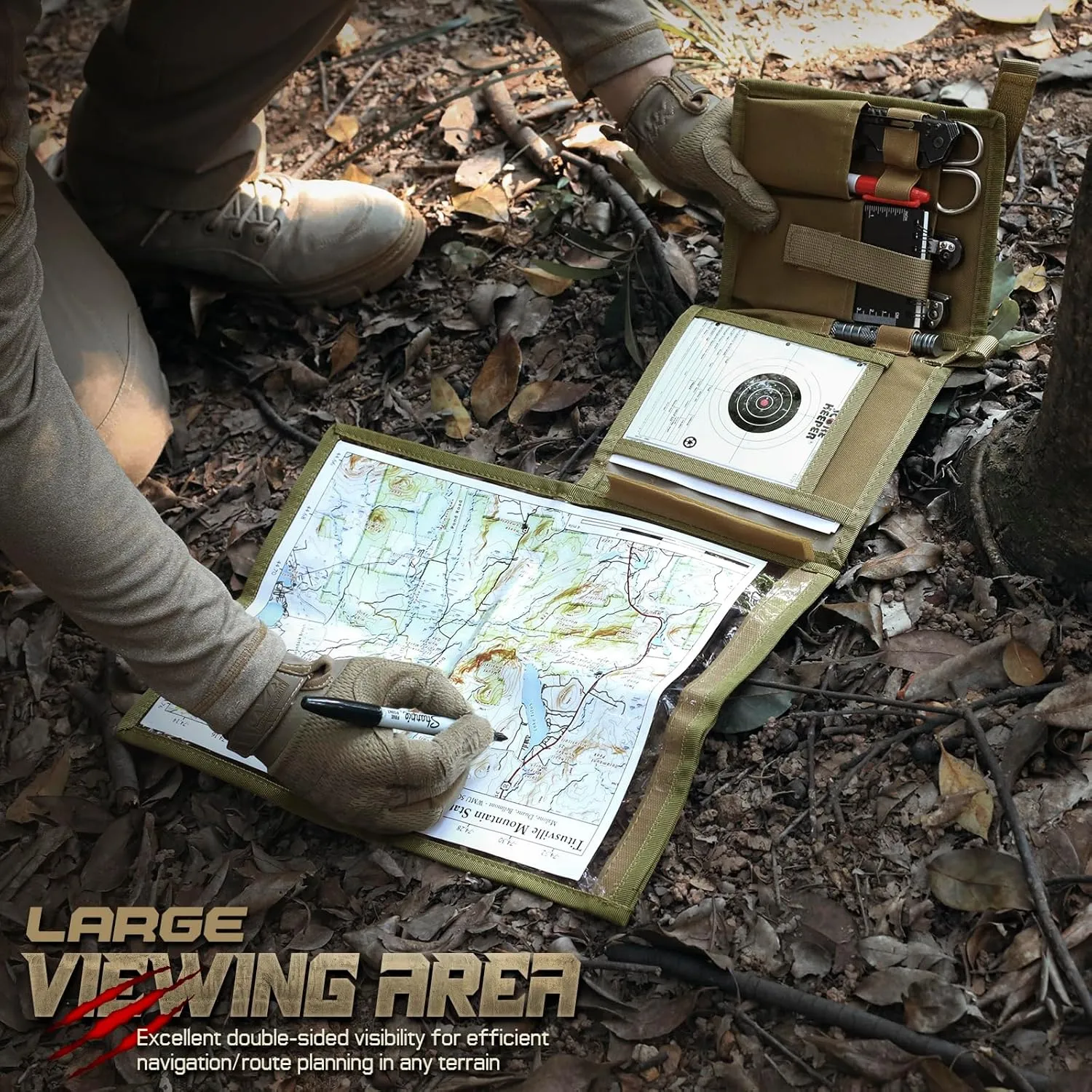 Tactical Map Case – Military Map Pouch Holder with Foldable Storage, Clear Viewing Area (13"x10"), Waterproof TPU & 1001D Oxford for Hiking, Outdoors, and Field Use
