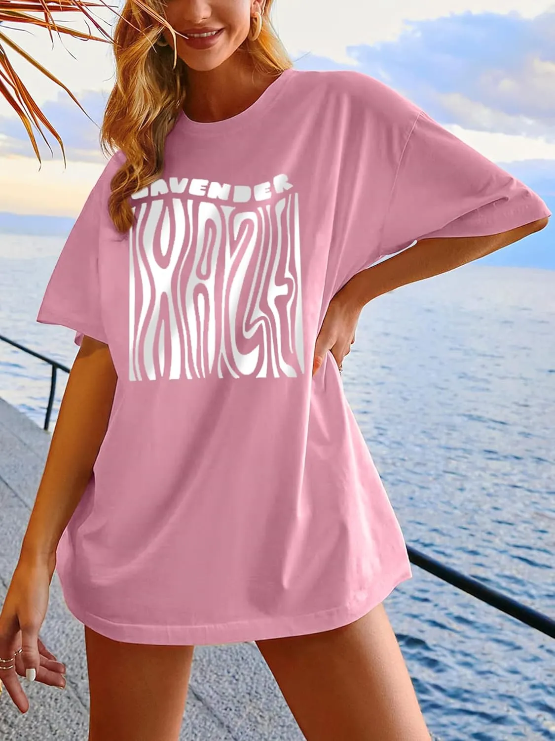 TAKEYAL Womens Oversized T-Shirts Half Sleeve Graphic Tees Letter Print Shirt Summer Vintage Casual Tunic Tops