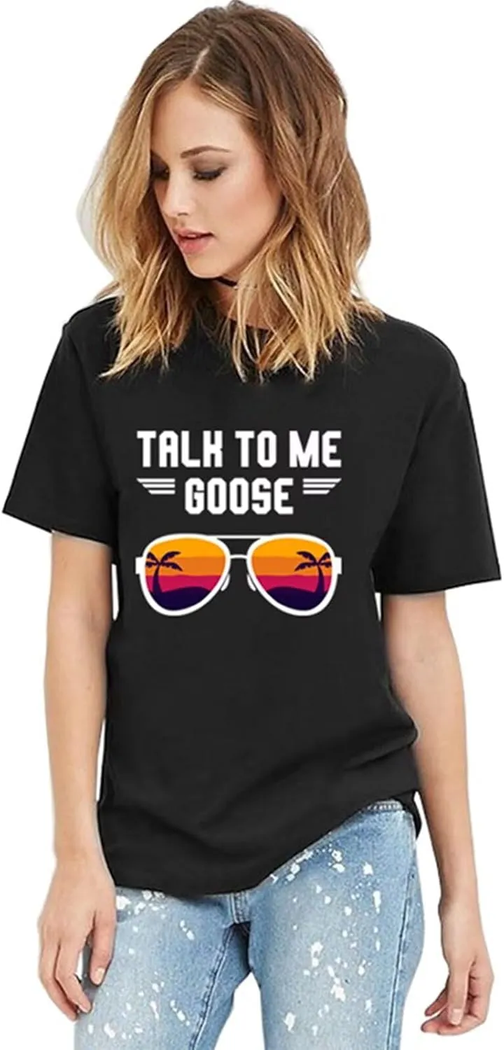 Talk to Me Goose Women T-Shirts Glasses Graphic Tees Funny Sayings Pullovers Casual Tops