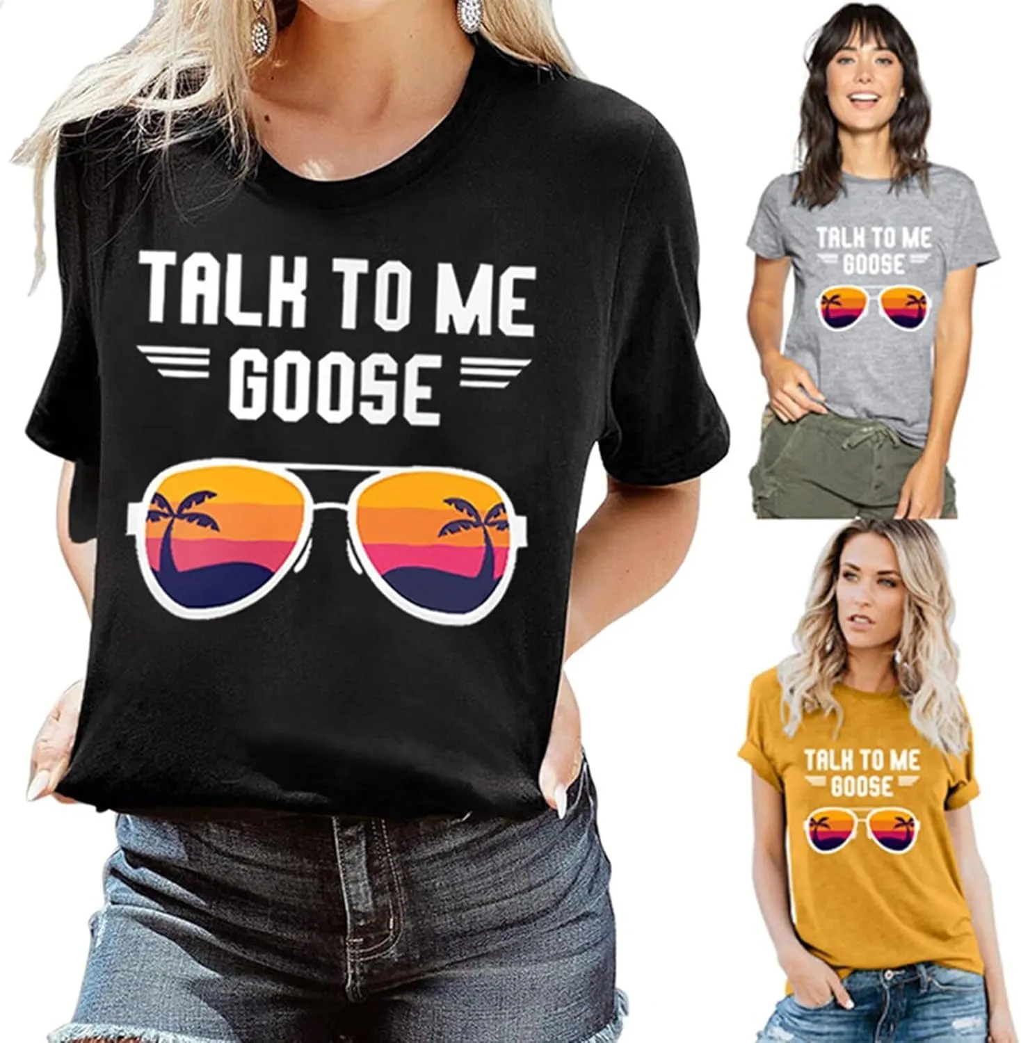 Talk to Me Goose Women T-Shirts Glasses Graphic Tees Funny Sayings Pullovers Casual Tops
