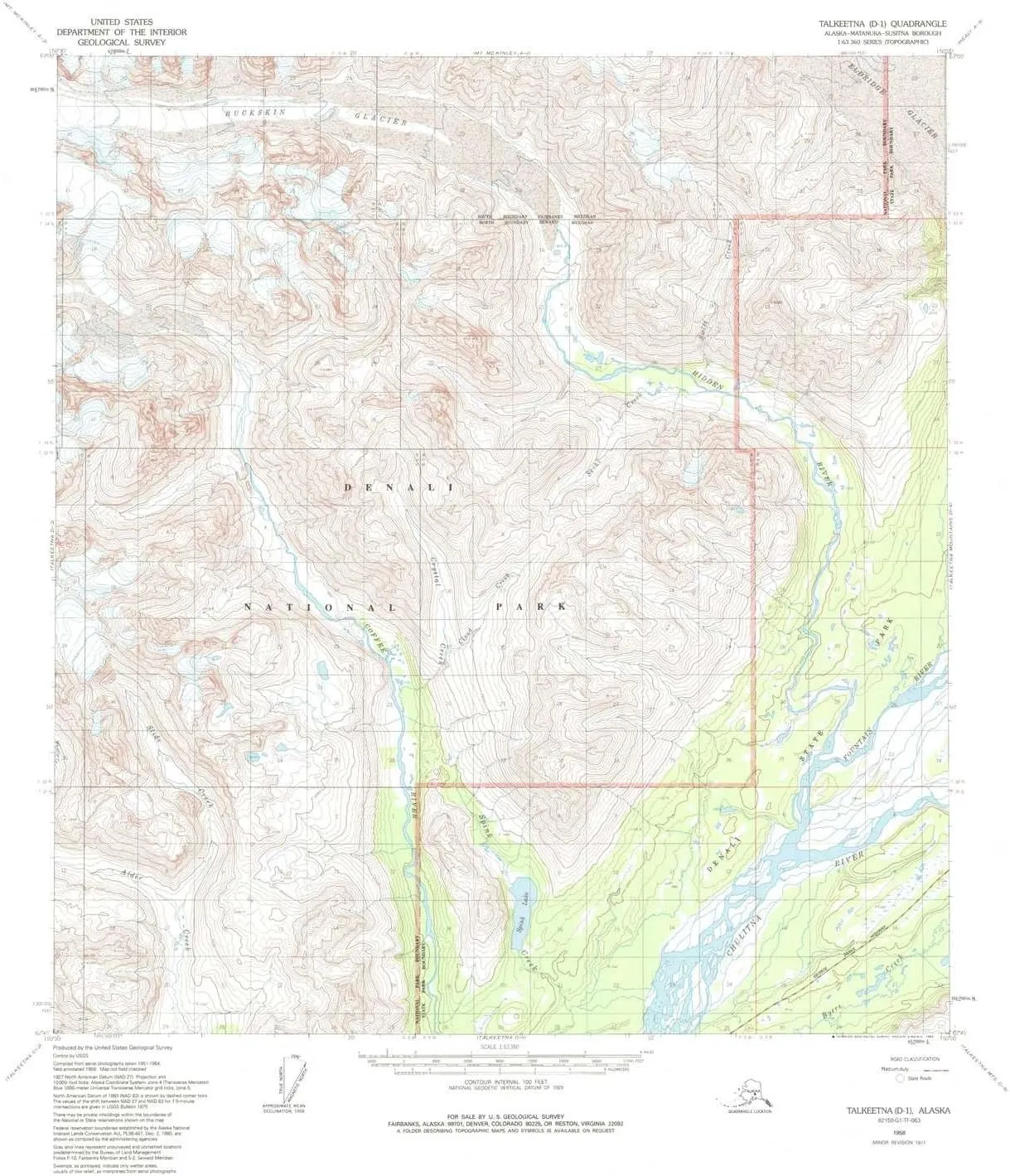 Talkeetna D 1 AK topo map, 1:63360 Scale, 15 X 15 Minute, Historical, 1958, Updated 1993, 22.03 x 18.07 in
