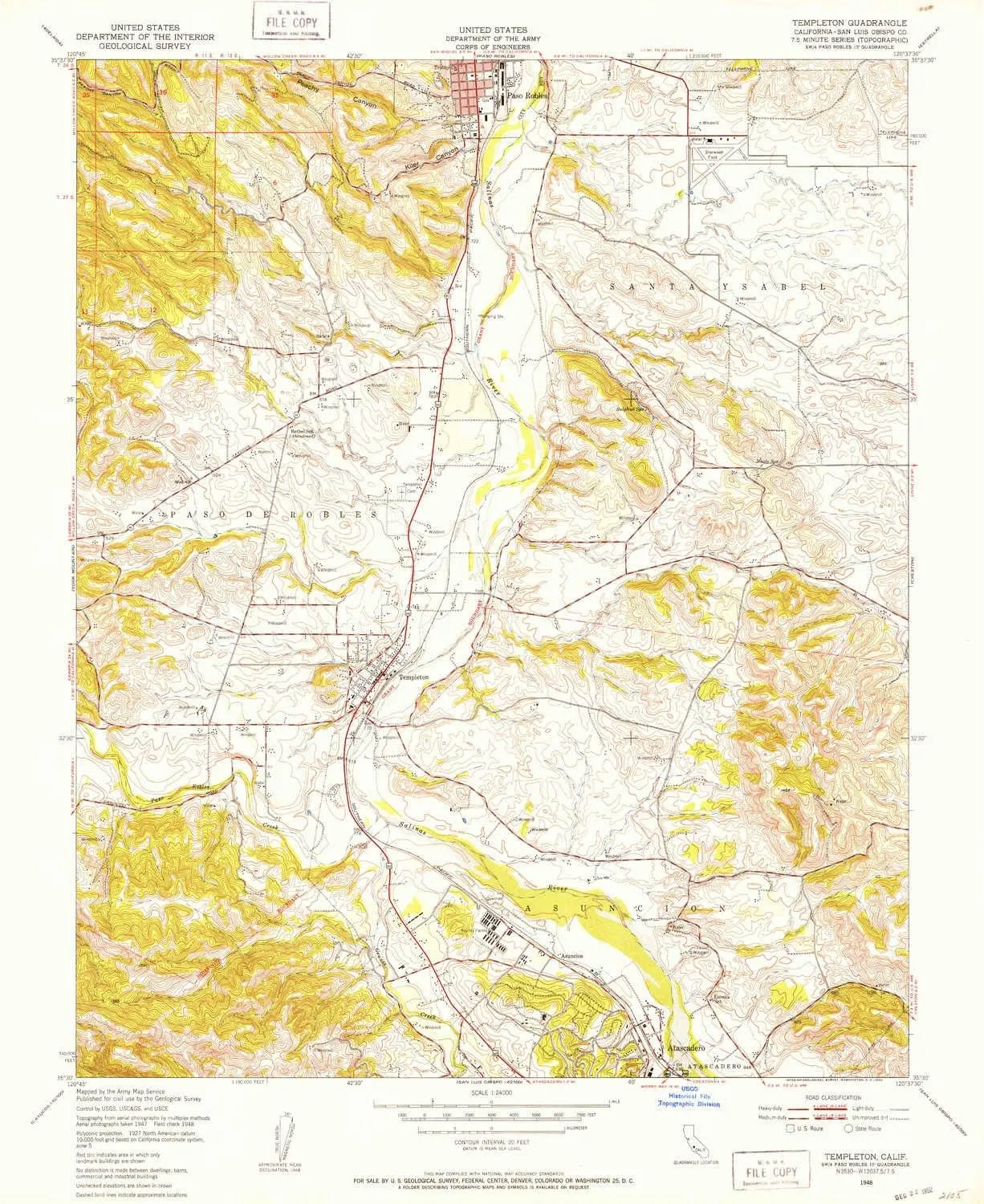 Templeton CA topo map, 1:24000 Scale, 7.5 X 7.5 Minute, Historical, 1948, Updated 1952, 26.9 x 22 in