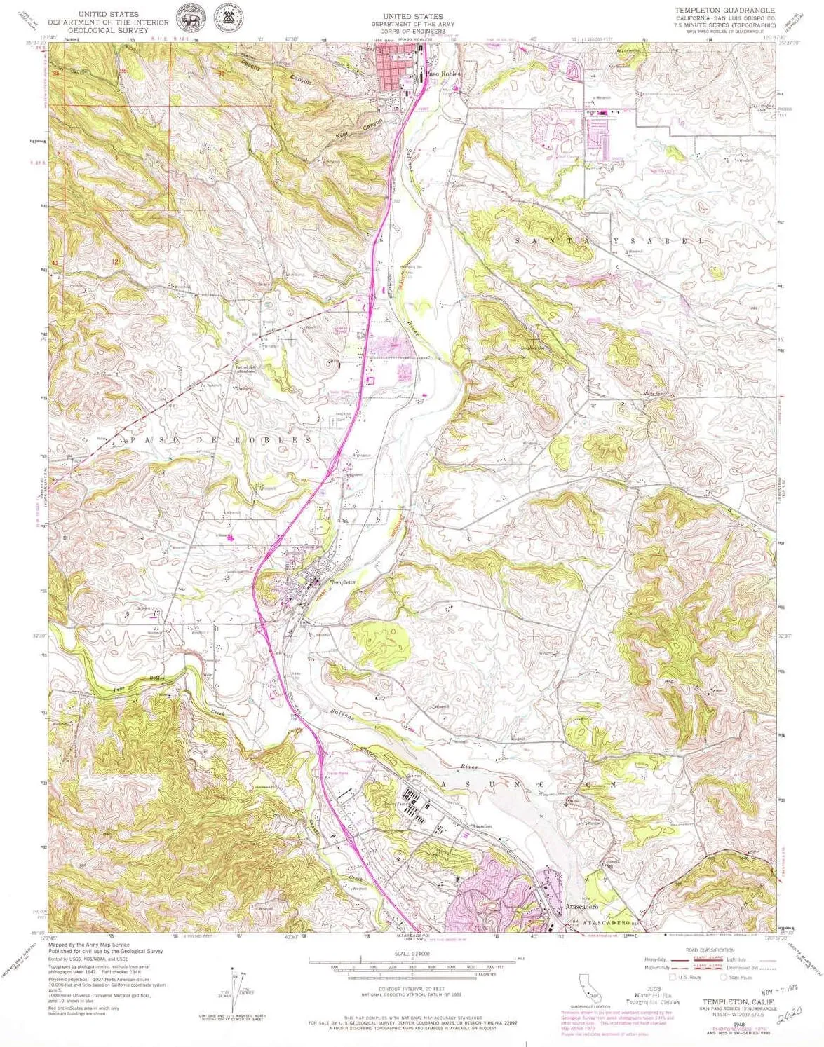 Templeton CA topo map, 1:24000 Scale, 7.5 X 7.5 Minute, Historical, 1948, Updated 1979, 26.9 x 22 in