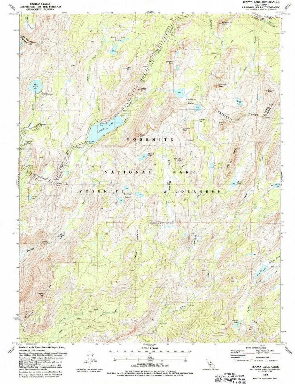 Tenaya Lake CA topo map, 1:24000 Scale, 7.5 X 7.5 Minute, Historical, 1990, Updated 1990, 26.7 x 21.4 in