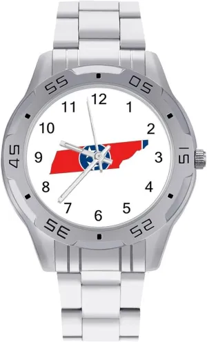 Tennessee State Map Flag Simple Stainless Steel Band Business Watch Dress Wrist Unique Luxury Work Casual Waterproof Watches