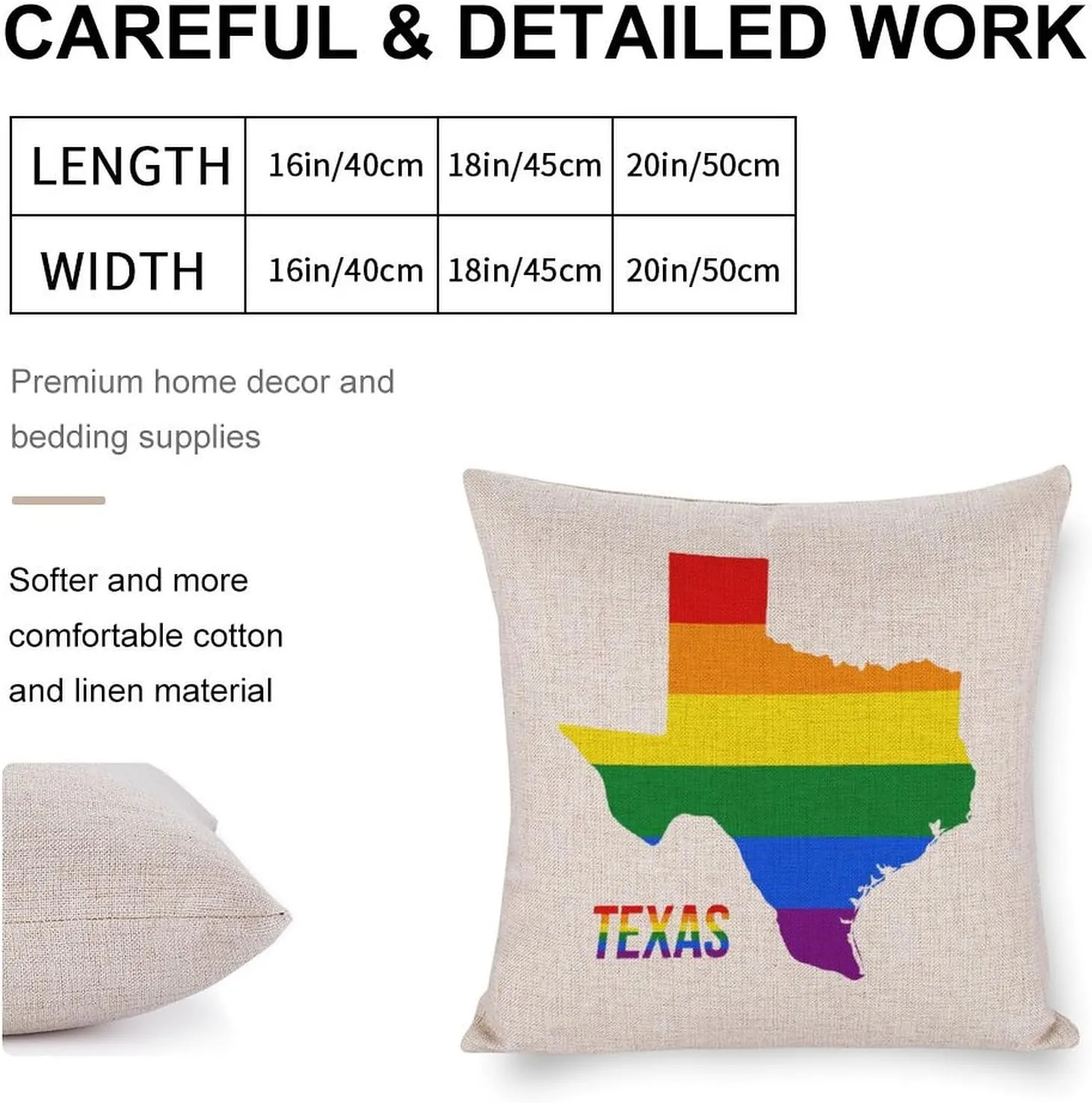 Texas State Map in LGBT Rainbow Flag Cotton and Linen Pillow Case Pattern Print Pillow Cover Zippered Cushion Covers for Sofa Bed 16"x16"