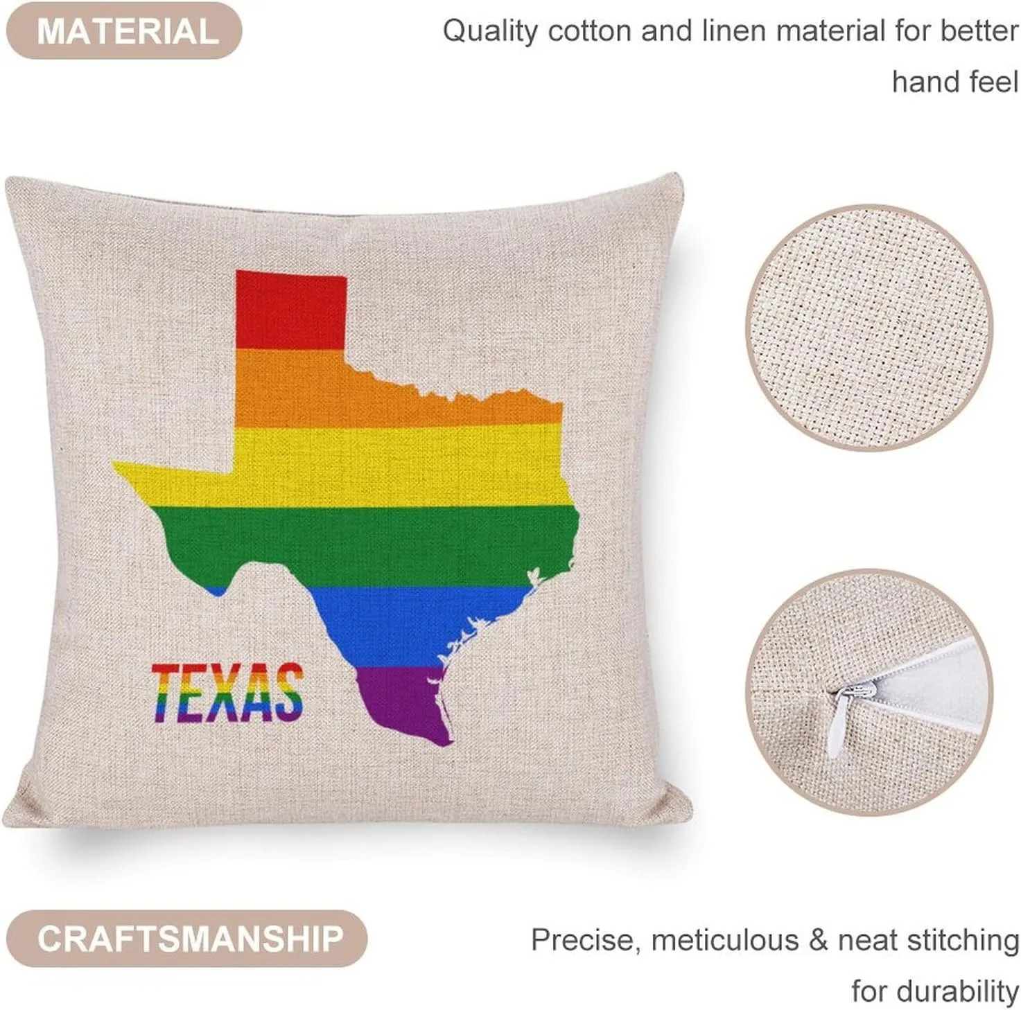 Texas State Map in LGBT Rainbow Flag Cotton and Linen Pillow Case Pattern Print Pillow Cover Zippered Cushion Covers for Sofa Bed 16"x16"
