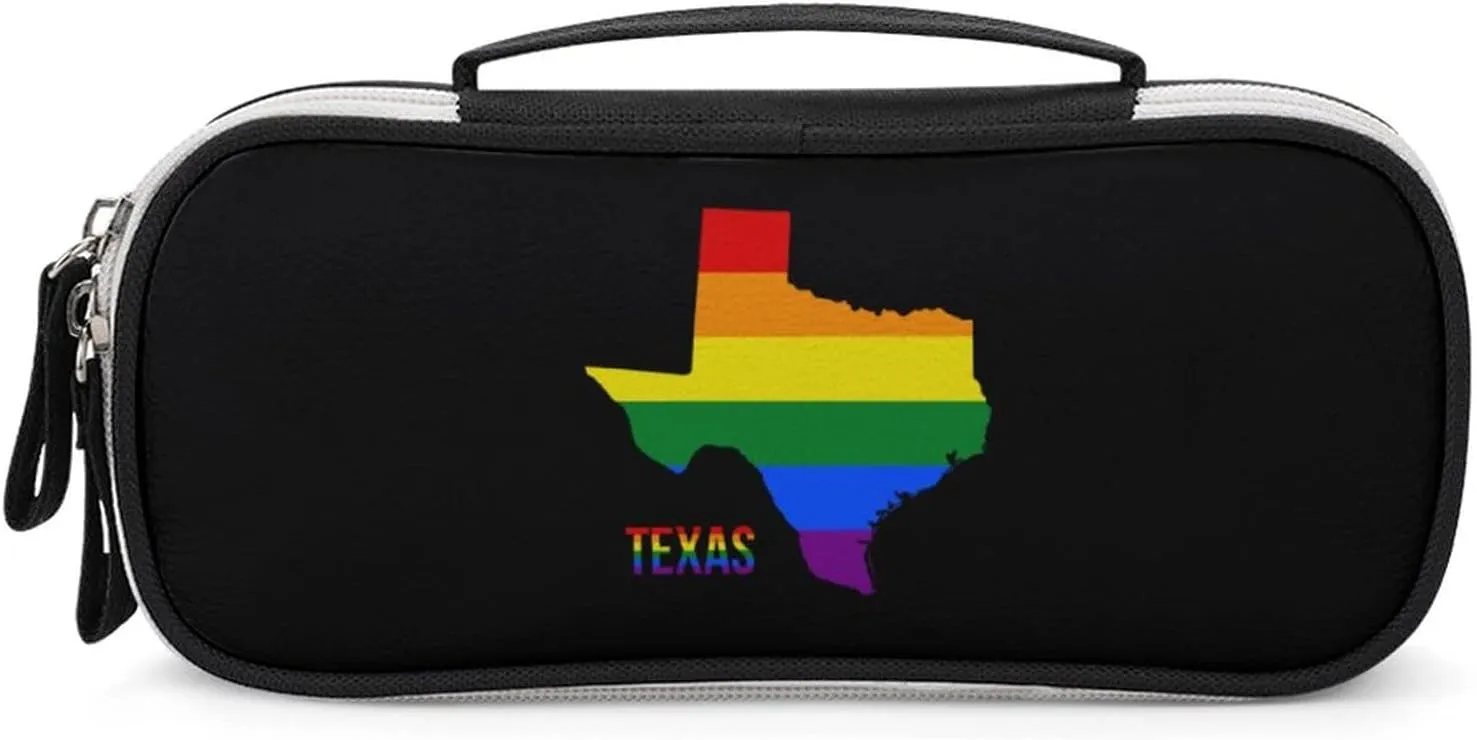 Texas State Map in LGBT Rainbow Flag Portable Pencil Pen Case Small Cosmetic Bag Womens Makeup Pouch Pencil Bags