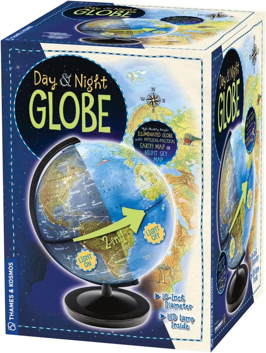 Thames & Kosmos Day & Night Globe - Handcrafted, Acrylic - Made in Germany by Columbus Globes - 10 inch, Illuminated LED Light-up with Night Sky Constellation Map