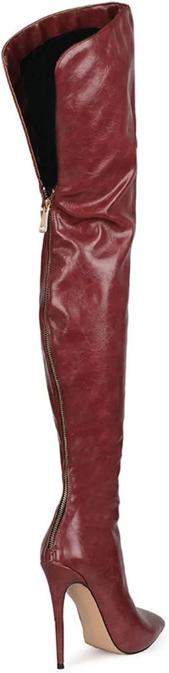 Thigh high boots for women striped Back zipper Burgundy Zebra Print Over the knee Sexy gold white pointed toe Cow Print leopard Magenta stiletto heel