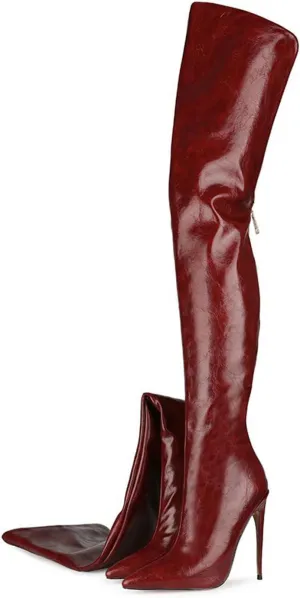 Thigh high boots for women striped Back zipper Burgundy Zebra Print Over the knee Sexy gold white pointed toe Cow Print leopard Magenta stiletto heel