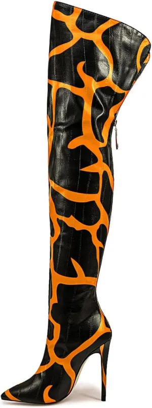 Thigh high boots for women striped Back zipper Burgundy Zebra Print Over the knee Sexy gold white pointed toe Cow Print leopard Magenta stiletto heel