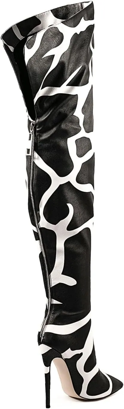 Thigh high boots for women striped Back zipper Burgundy Zebra Print Over the knee Sexy gold white pointed toe Cow Print leopard Magenta stiletto heel