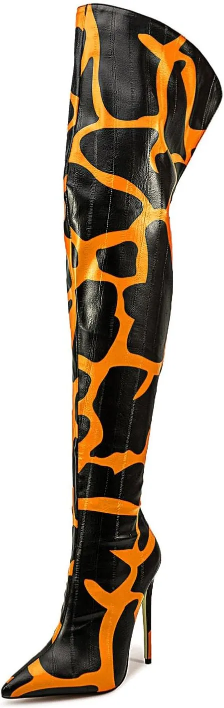 Thigh high boots for women striped Back zipper Burgundy Zebra Print Over the knee Sexy gold white pointed toe Cow Print leopard Magenta stiletto heel