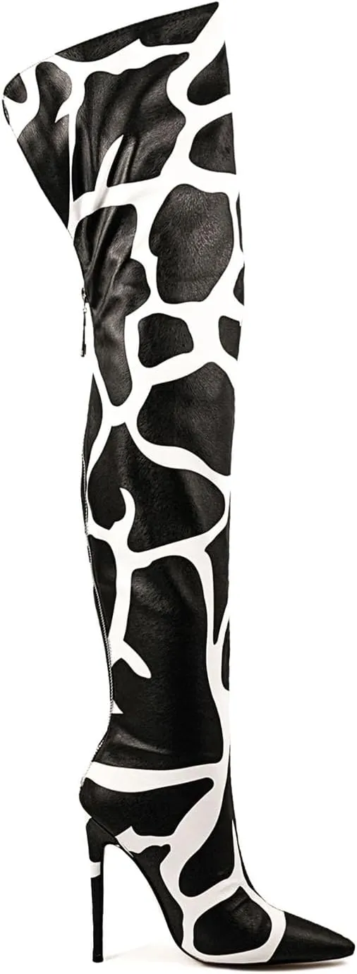 Thigh high boots for women striped Back zipper Burgundy Zebra Print Over the knee Sexy gold white pointed toe Cow Print leopard Magenta stiletto heel