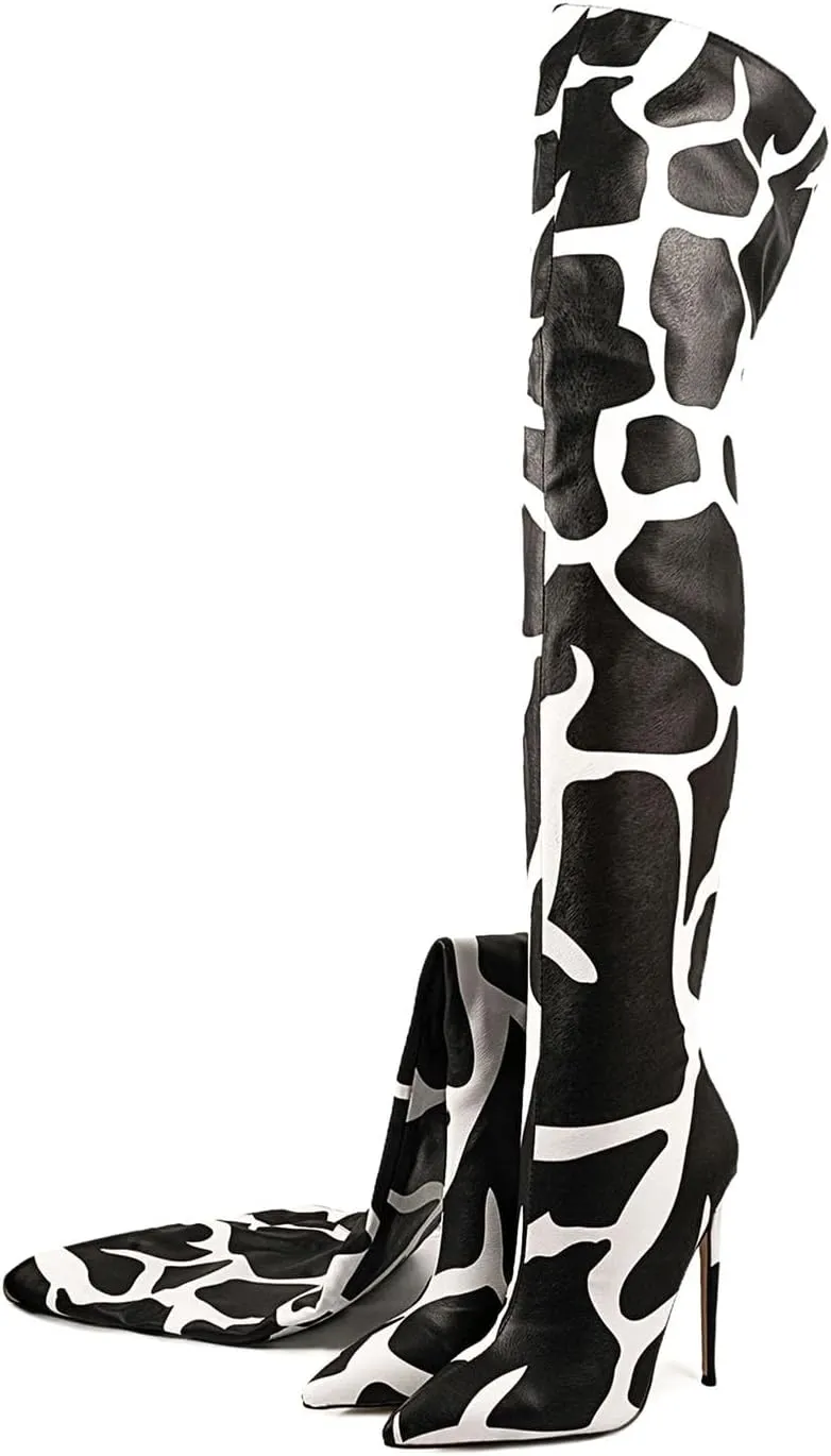 Thigh high boots for women striped Back zipper Burgundy Zebra Print Over the knee Sexy gold white pointed toe Cow Print leopard Magenta stiletto heel
