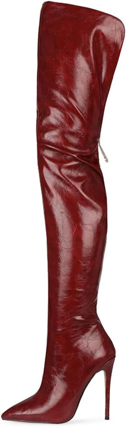 Thigh high boots for women striped Back zipper Burgundy Zebra Print Over the knee Sexy gold white pointed toe Cow Print leopard Magenta stiletto heel