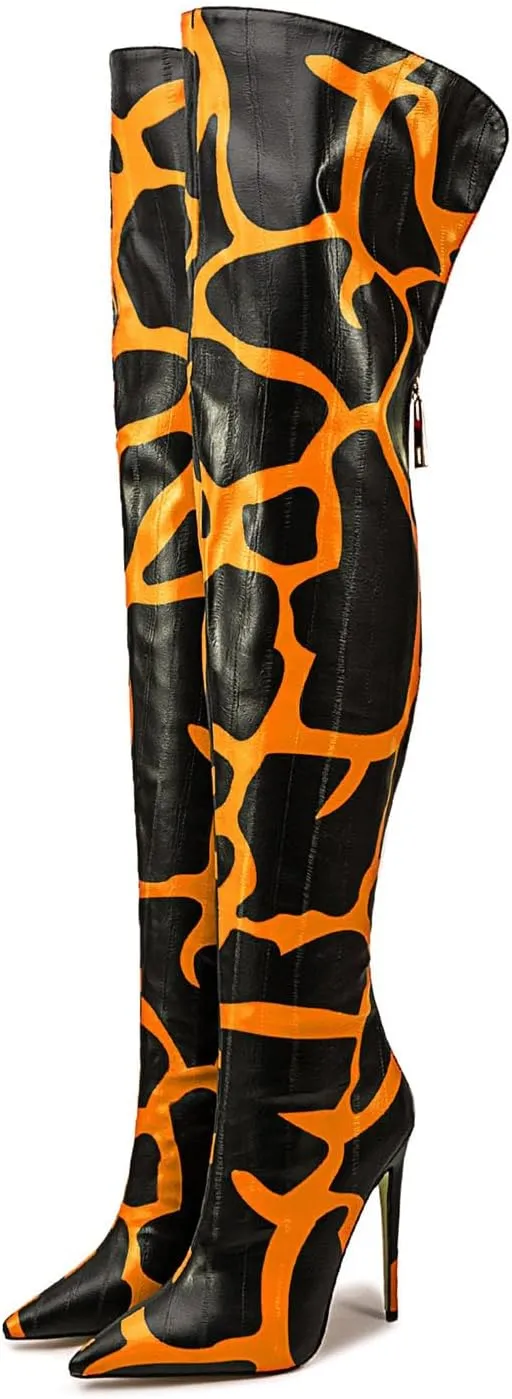Thigh high boots for women striped Back zipper Burgundy Zebra Print Over the knee Sexy gold white pointed toe Cow Print leopard Magenta stiletto heel