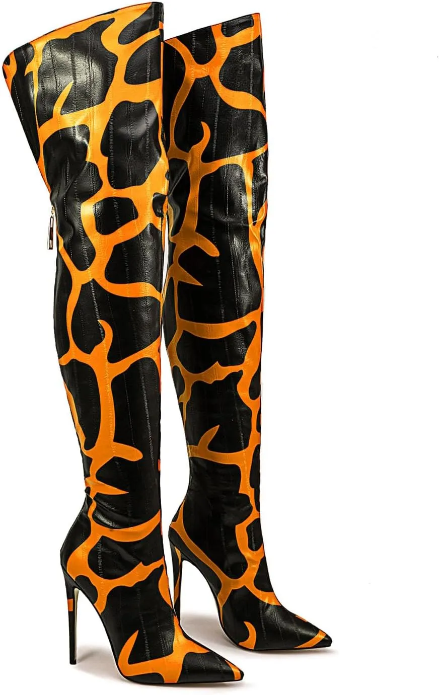 Thigh high boots for women striped Back zipper Burgundy Zebra Print Over the knee Sexy gold white pointed toe Cow Print leopard Magenta stiletto heel