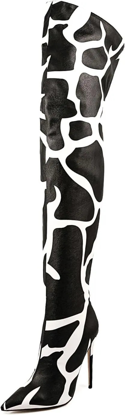 Thigh high boots for women striped Back zipper Burgundy Zebra Print Over the knee Sexy gold white pointed toe Cow Print leopard Magenta stiletto heel