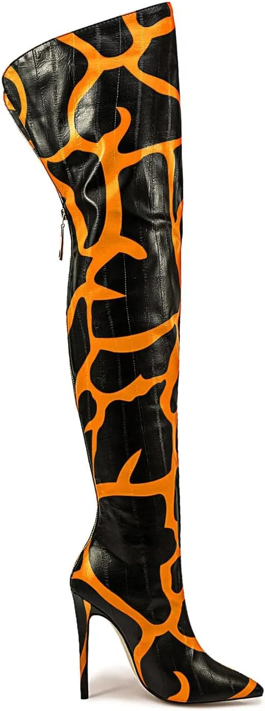 Thigh high boots for women striped Back zipper Burgundy Zebra Print Over the knee Sexy gold white pointed toe Cow Print leopard Magenta stiletto heel