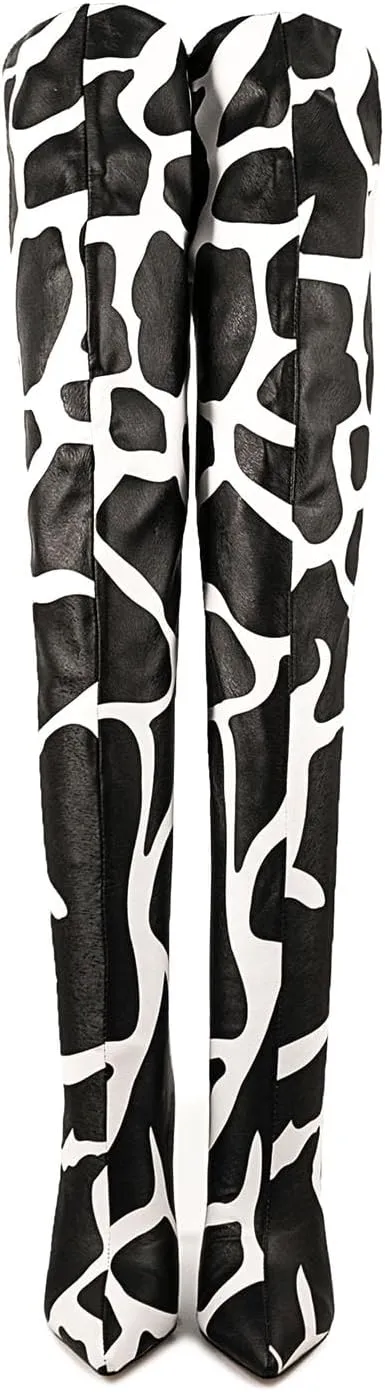 Thigh high boots for women striped Back zipper Burgundy Zebra Print Over the knee Sexy gold white pointed toe Cow Print leopard Magenta stiletto heel