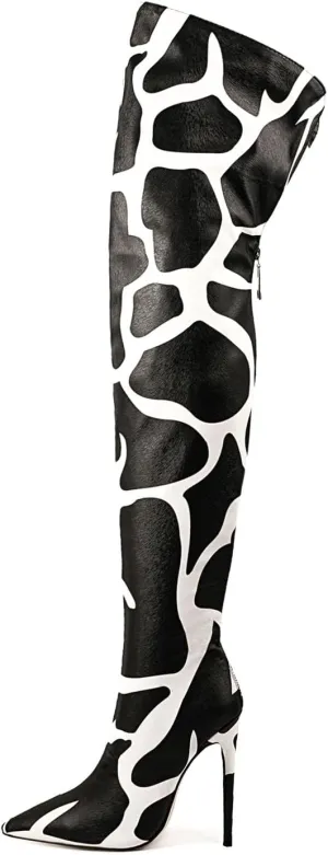 Thigh high boots for women striped Back zipper Burgundy Zebra Print Over the knee Sexy gold white pointed toe Cow Print leopard Magenta stiletto heel