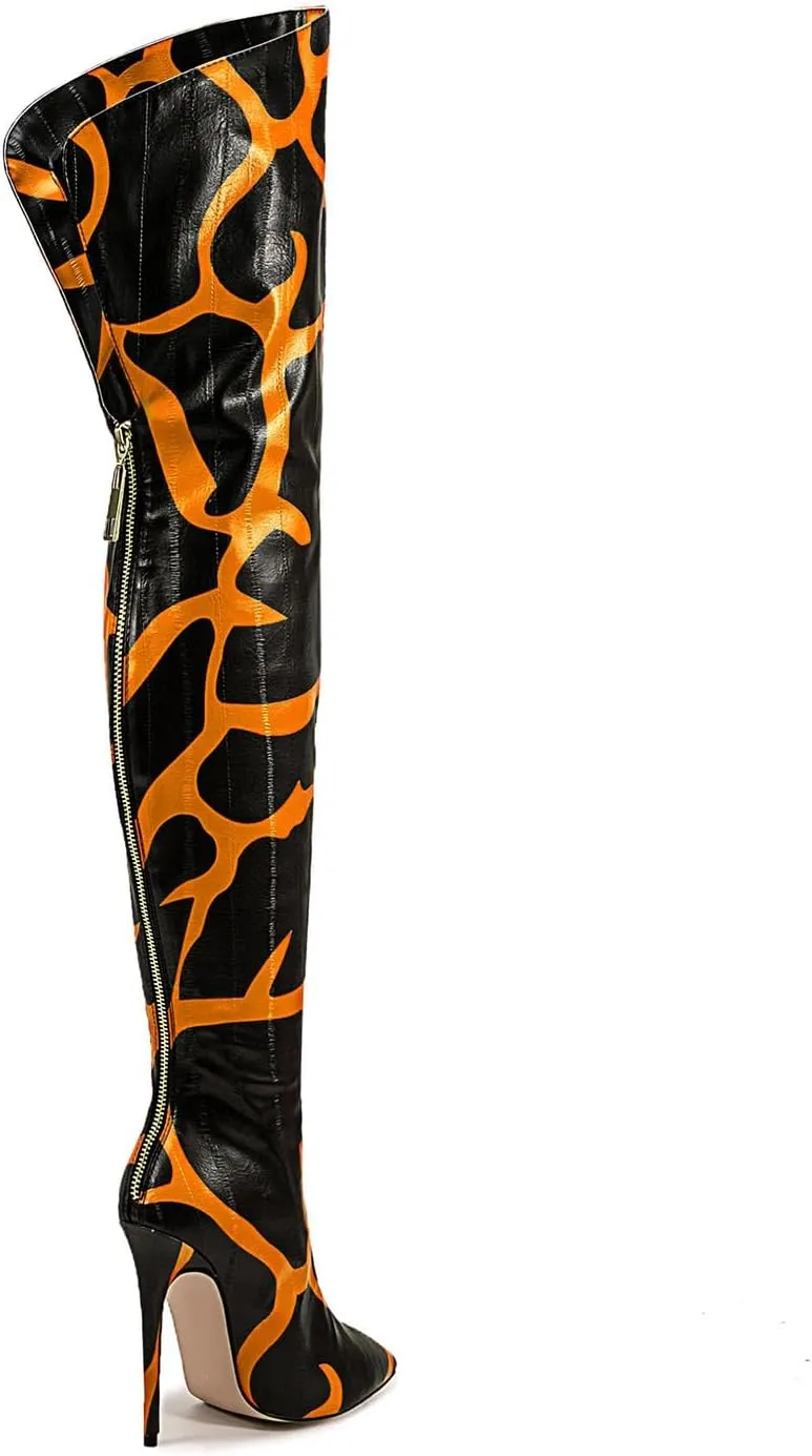 Thigh high boots for women striped Back zipper Burgundy Zebra Print Over the knee Sexy gold white pointed toe Cow Print leopard Magenta stiletto heel