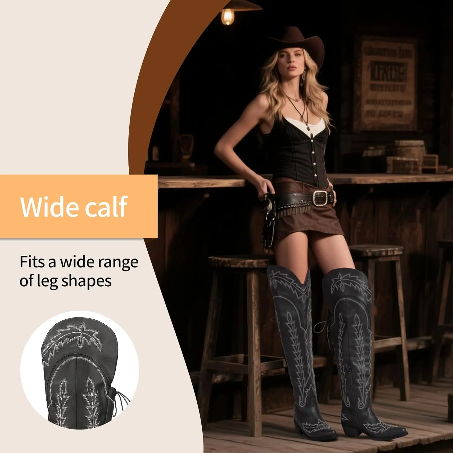 Thigh High Cowboy Boots With Lace Up Over The Knee Cowgirl Boot For Women Embroidered Western Boot With Side Zipper Comfortable Wide Calf Tall Boots