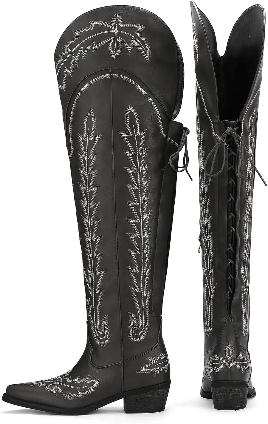 Thigh High Cowboy Boots With Lace Up Over The Knee Cowgirl Boot For Women Embroidered Western Boot With Side Zipper Comfortable Wide Calf Tall Boots