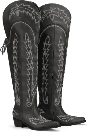 Thigh High Cowboy Boots With Lace Up Over The Knee Cowgirl Boot For Women Embroidered Western Boot With Side Zipper Comfortable Wide Calf Tall Boots