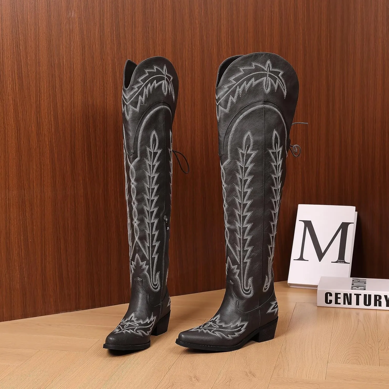 Thigh High Cowboy Boots With Lace Up Over The Knee Cowgirl Boot For Women Embroidered Western Boot With Side Zipper Comfortable Wide Calf Tall Boots