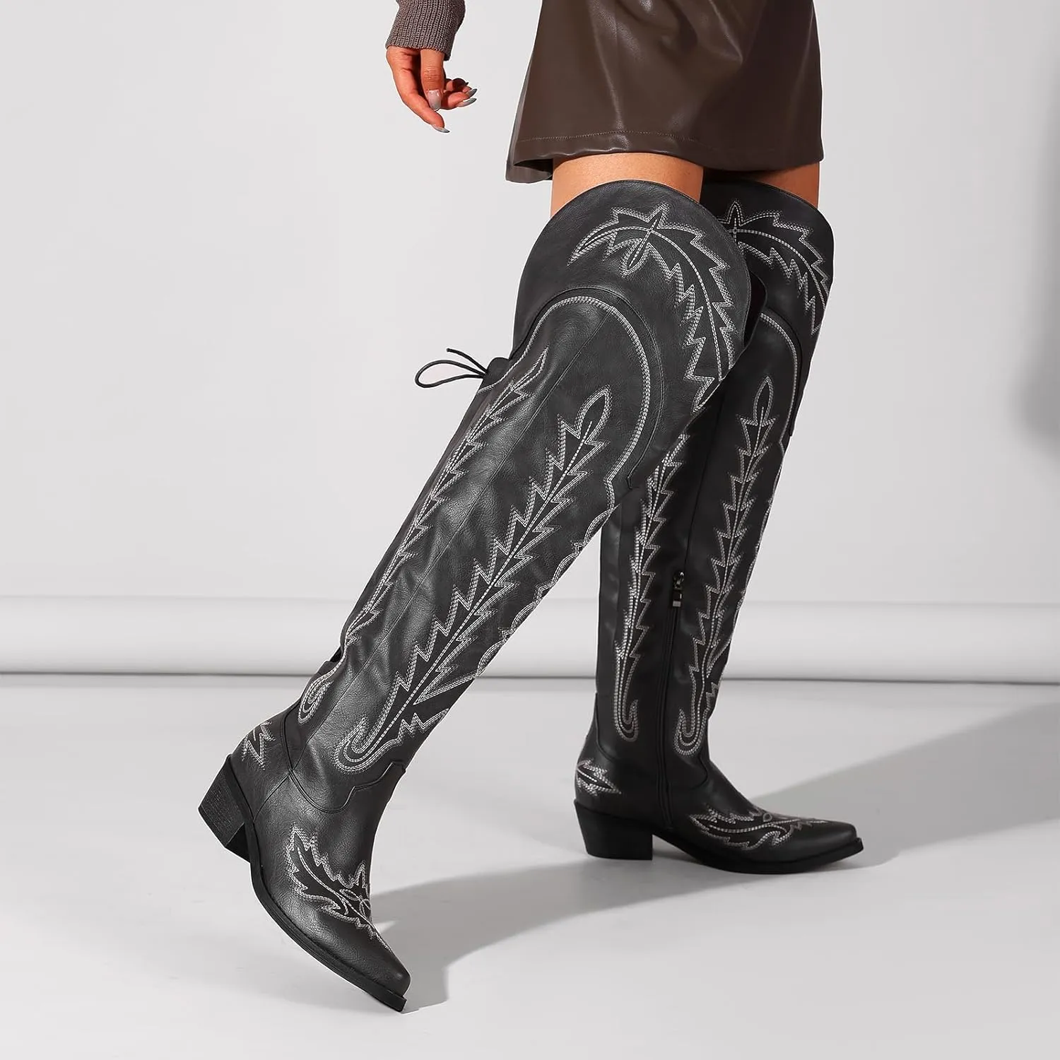 Thigh High Cowboy Boots With Lace Up Over The Knee Cowgirl Boot For Women Embroidered Western Boot With Side Zipper Comfortable Wide Calf Tall Boots