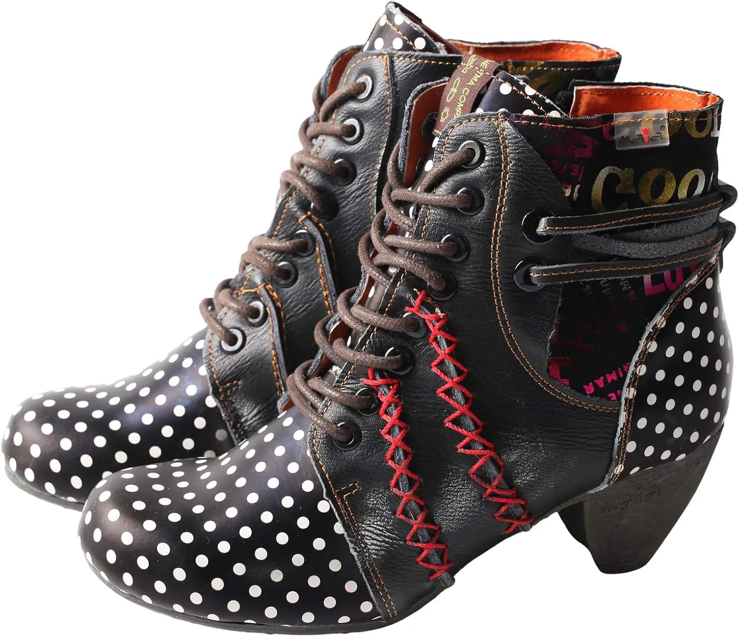 TMA EYES Boots for Women Lace-up Polka Dot Chunky Heels Ankle Boots