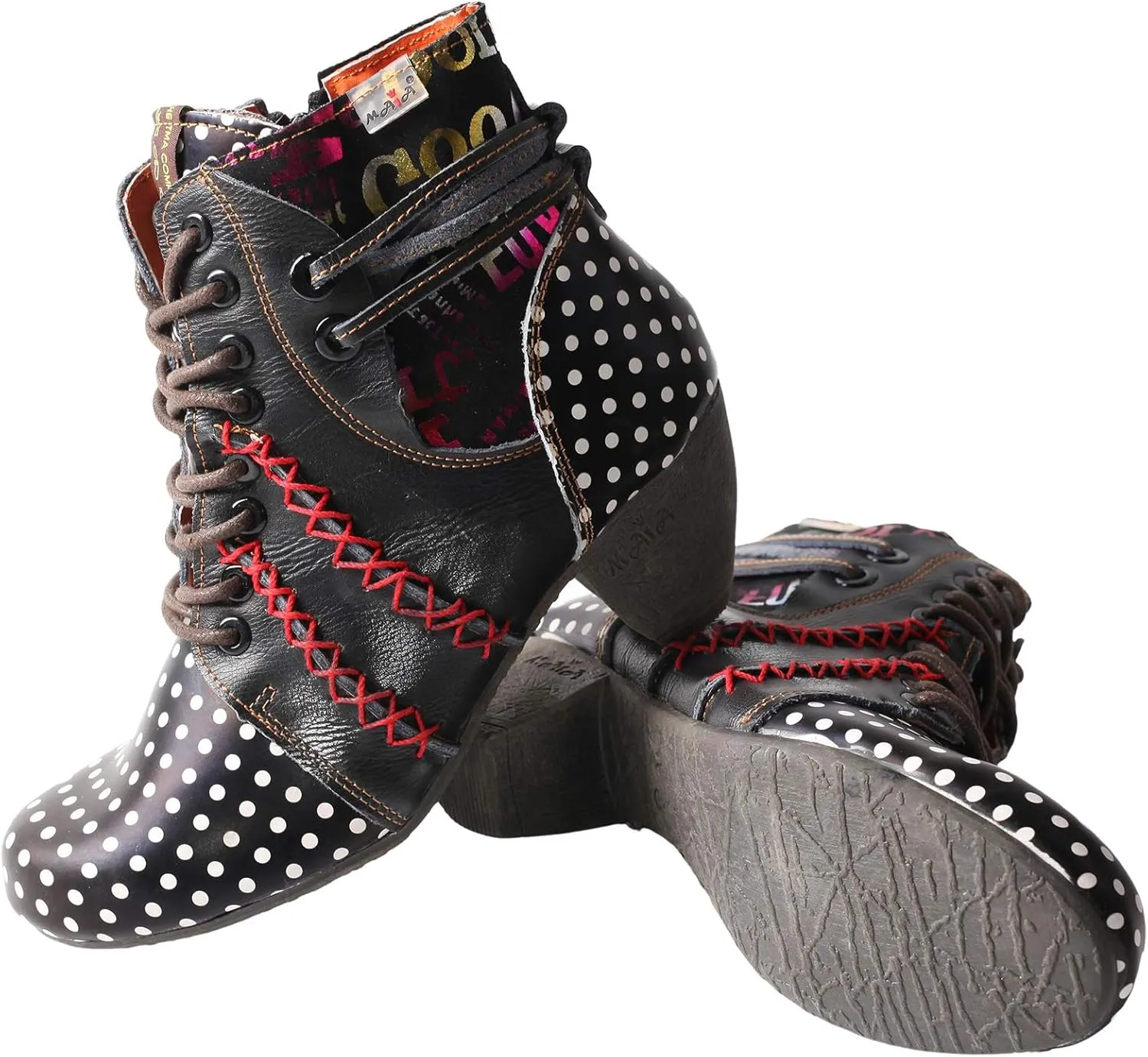 TMA EYES Boots for Women Lace-up Polka Dot Chunky Heels Ankle Boots