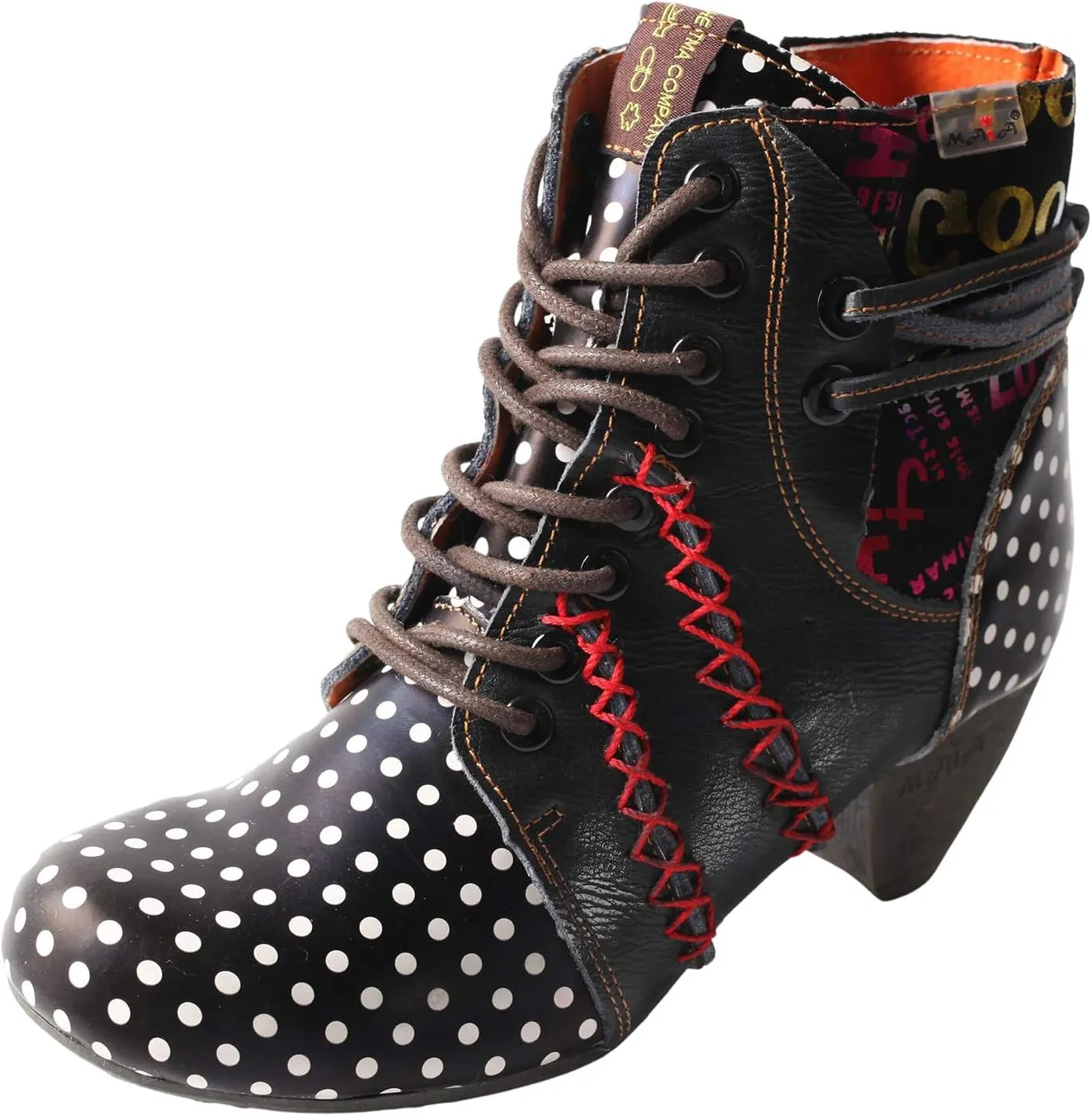 TMA EYES Boots for Women Lace-up Polka Dot Chunky Heels Ankle Boots