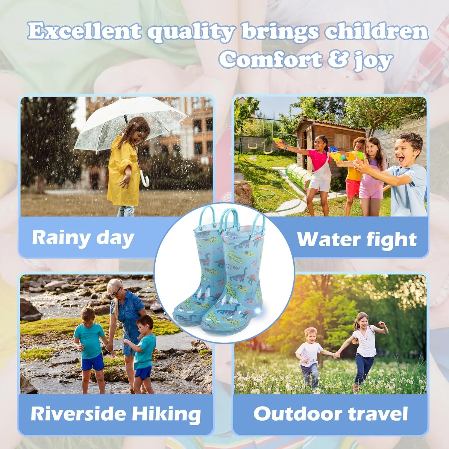 Toddler Light Up Rain Boots for Girls Boys Waterproof Rain Boots with Handles Outdoors Kid Rain Boots
