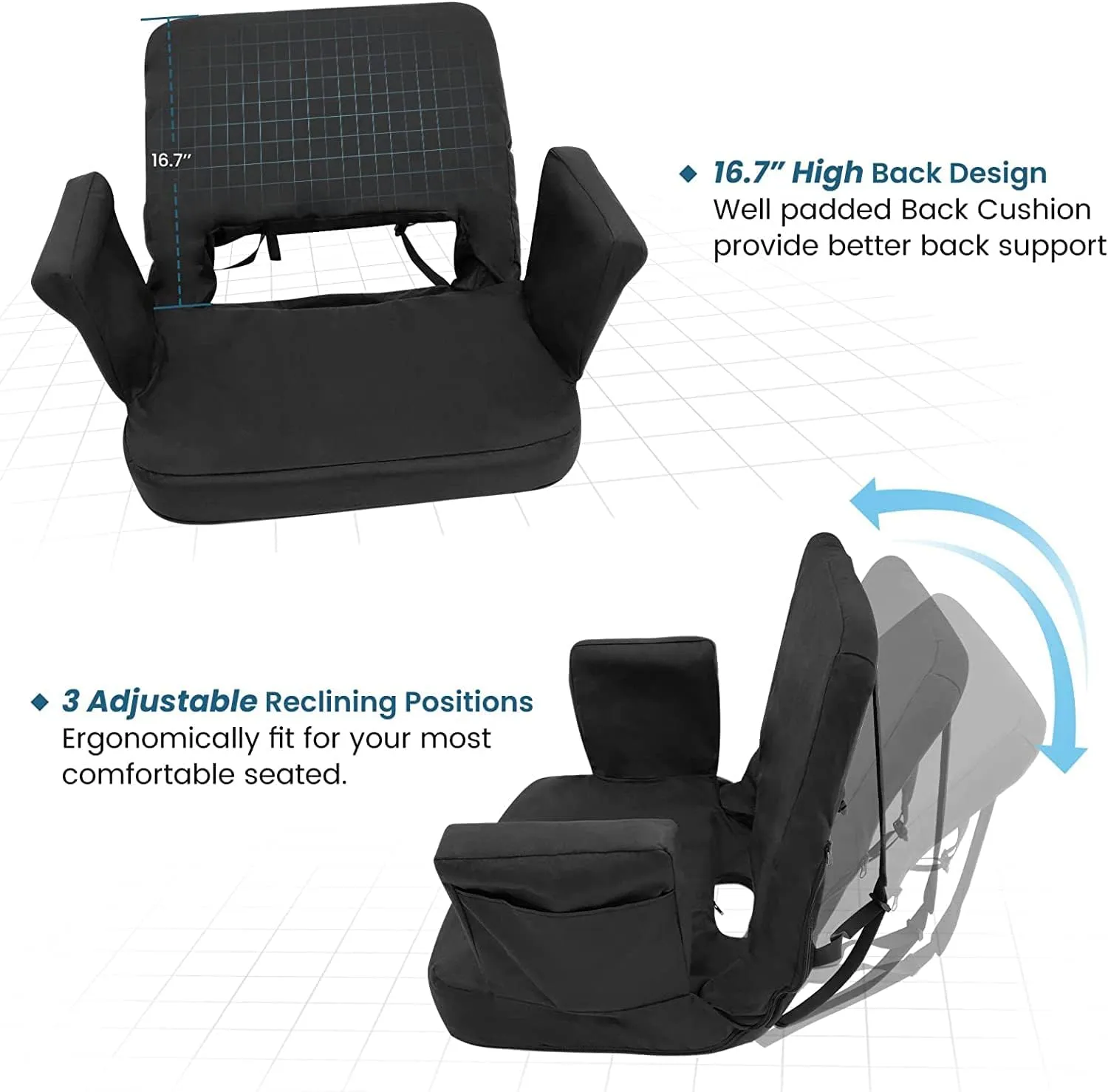 TOPSKY Stadium Seat with Back Support 3 Reclining Positions, Wide Bleacher Seats with 2 Hook Picnic Seat (Red, Regular(Seat 17"))
