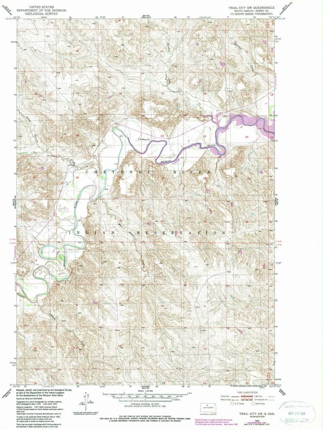 Trail City SW SD topo map, 1:24000 Scale, 7.5 X 7.5 Minute, Historical, 1952, Updated 1987, 26.8 x 22 in