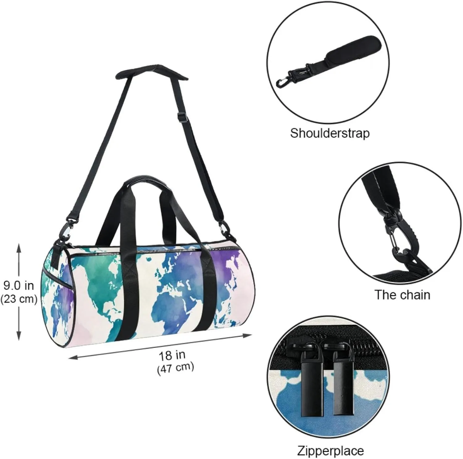 Travel Bag,Mens Gym Bag,Womens Gym Bag,Watercolor World Map,Sports Bag