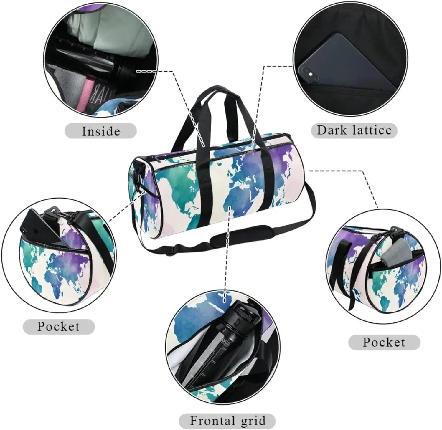 Travel Bag,Mens Gym Bag,Womens Gym Bag,Watercolor World Map,Sports Bag