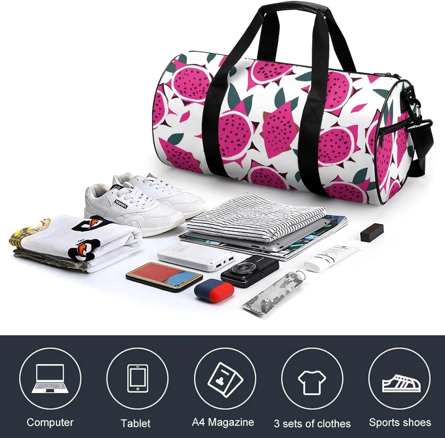Travel Duffel Bag for Men And Women,Red Dragon Fruit Pattern Waterproof Sports Fitness Bag Portable Travel Duffel Bag