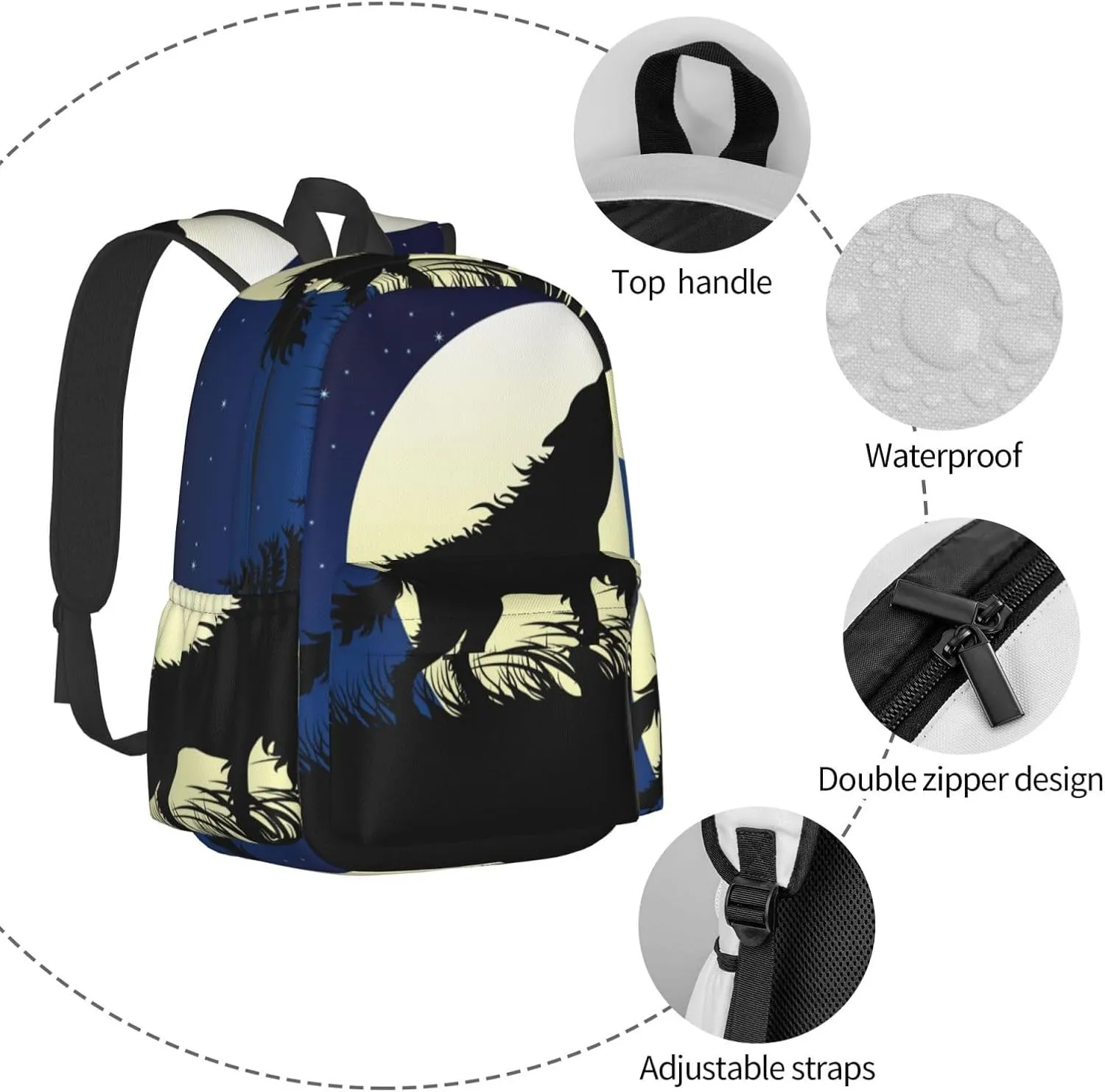Travel Laptop Backpack Waterproof and Anti-Theft Backpack Rucksack with Laptop Compartment for Women Men College Picnic Daypack Compatible with Wolf Howling On The Full Moon