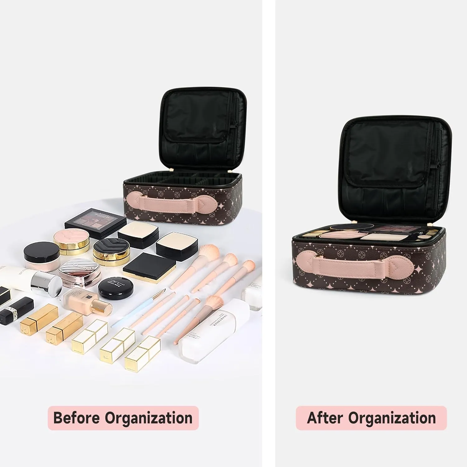 Travel Makeup Bag,Waterproof Cosmetic Organizer, Adjustable Dividers,Portability Cosmetic Train Case,Makeup organizer,Gift for Women,Girls Gift (Coffee Pink)