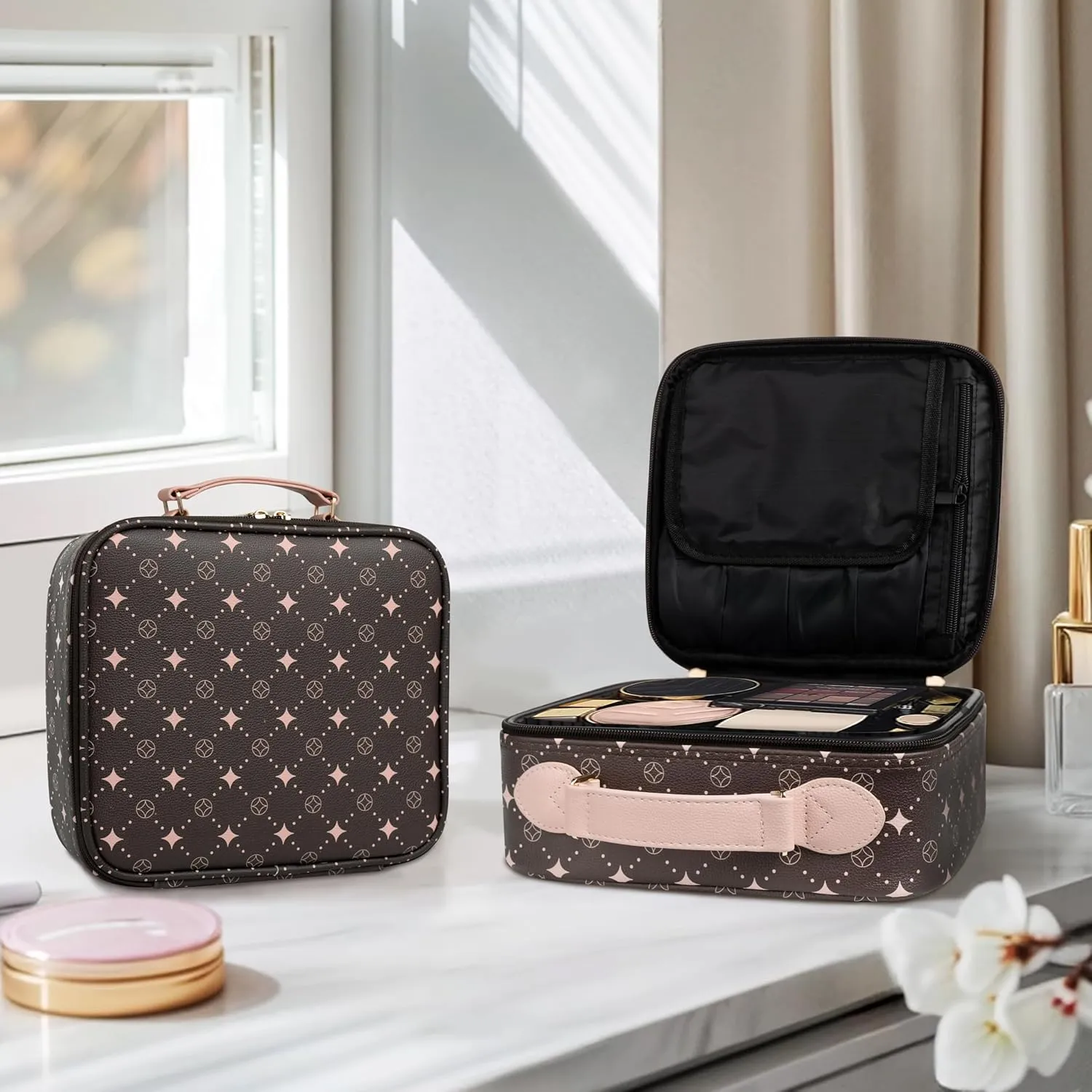 Travel Makeup Bag,Waterproof Cosmetic Organizer, Adjustable Dividers,Portability Cosmetic Train Case,Makeup organizer,Gift for Women,Girls Gift (Coffee Pink)
