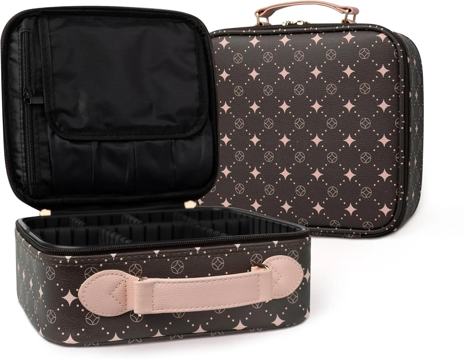Travel Makeup Bag,Waterproof Cosmetic Organizer, Adjustable Dividers,Portability Cosmetic Train Case,Makeup organizer,Gift for Women,Girls Gift (Coffee Pink)