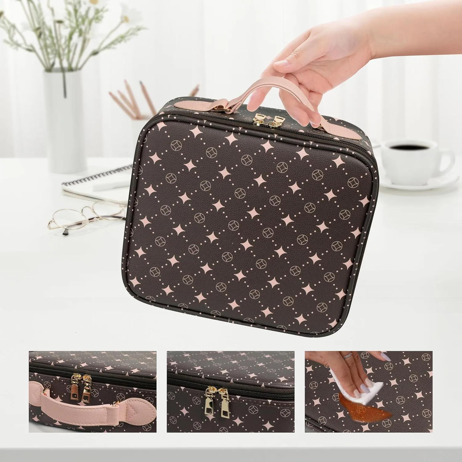 Travel Makeup Bag,Waterproof Cosmetic Organizer, Adjustable Dividers,Portability Cosmetic Train Case,Makeup organizer,Gift for Women,Girls Gift (Coffee Pink)
