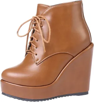 Trendenzy Womens Wedge Platform Booties Lace Up High Heel Ankle Boots