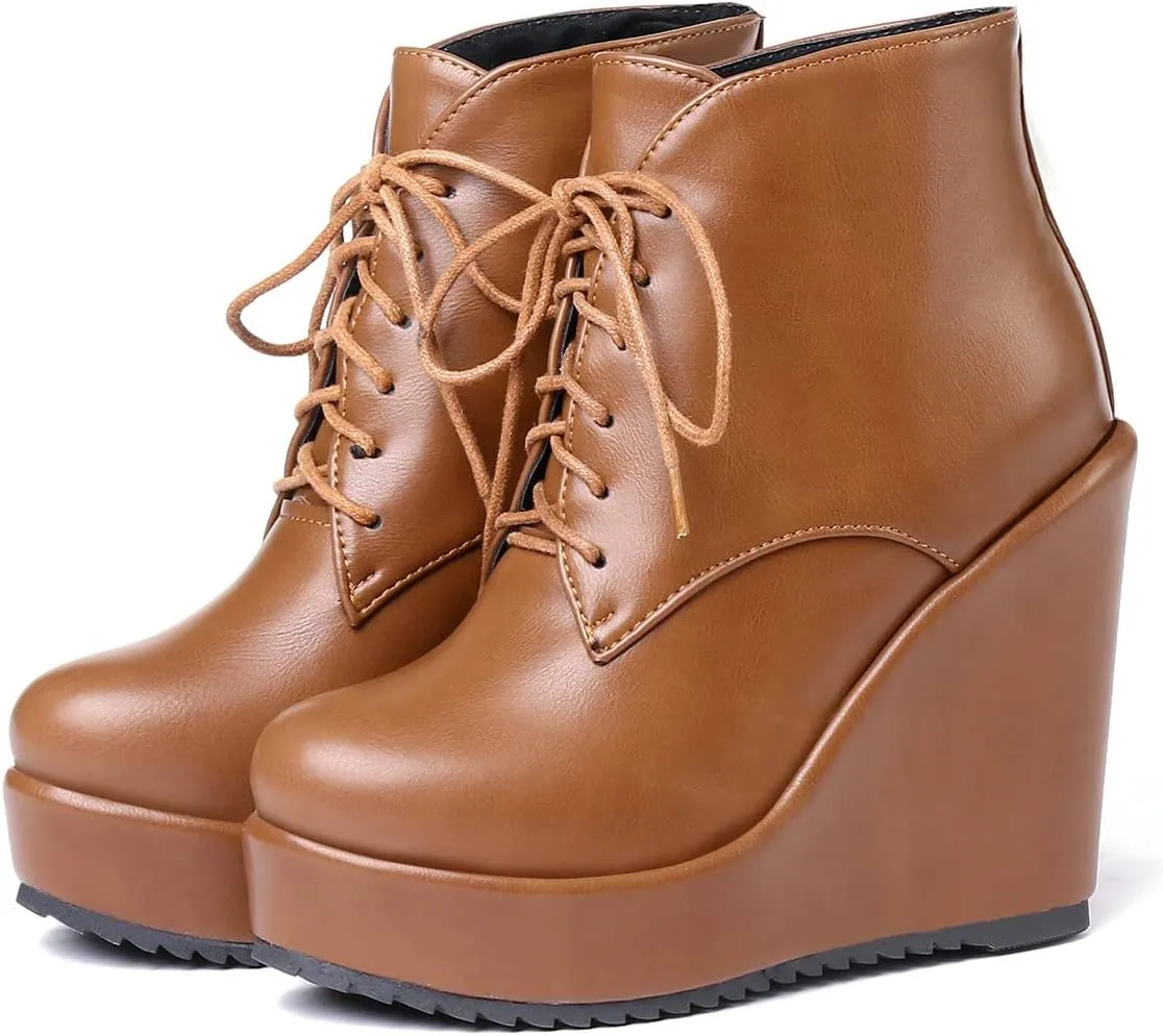 Trendenzy Womens Wedge Platform Booties Lace Up High Heel Ankle Boots