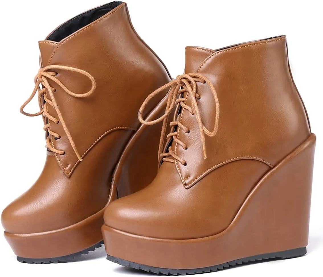 Trendenzy Womens Wedge Platform Booties Lace Up High Heel Ankle Boots